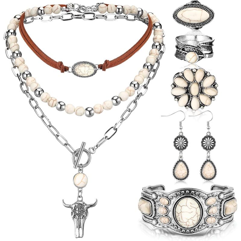 TEMU 6pcs Vintage Bohemian Ethnic Style Synthetic Turquoise Jewelry Set For Women - Layered Necklace, Earrings & Rings With Intricate Beadwork & Pendant