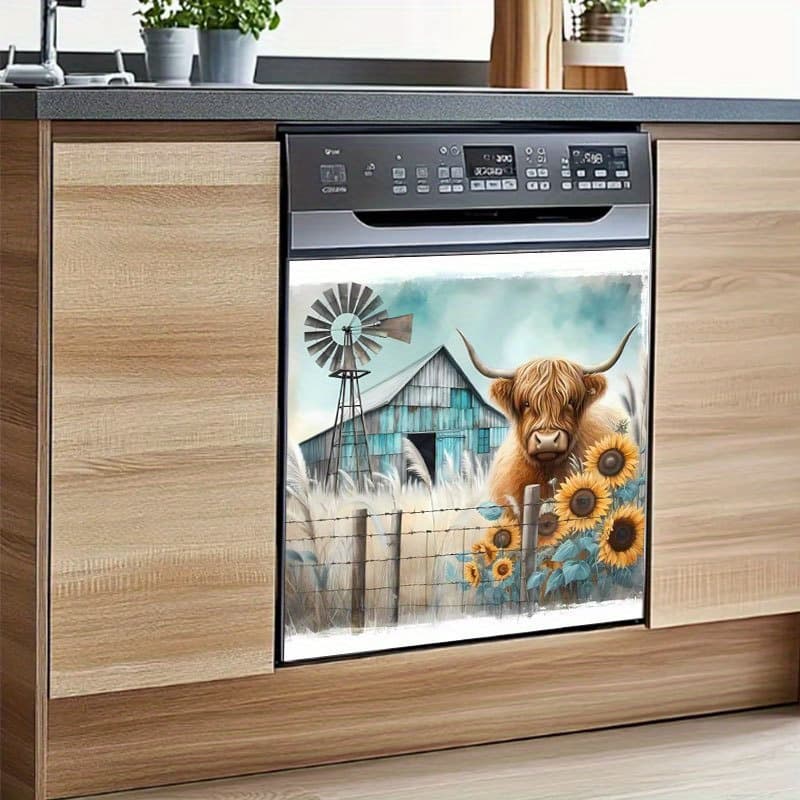TEMU Highland Cow & Sunflower Scottish-themed Dishwasher Decals - Removable Country Style Stickers Suitable For Fridges, Washing Machines, Cabinets - Decor (no Residue)