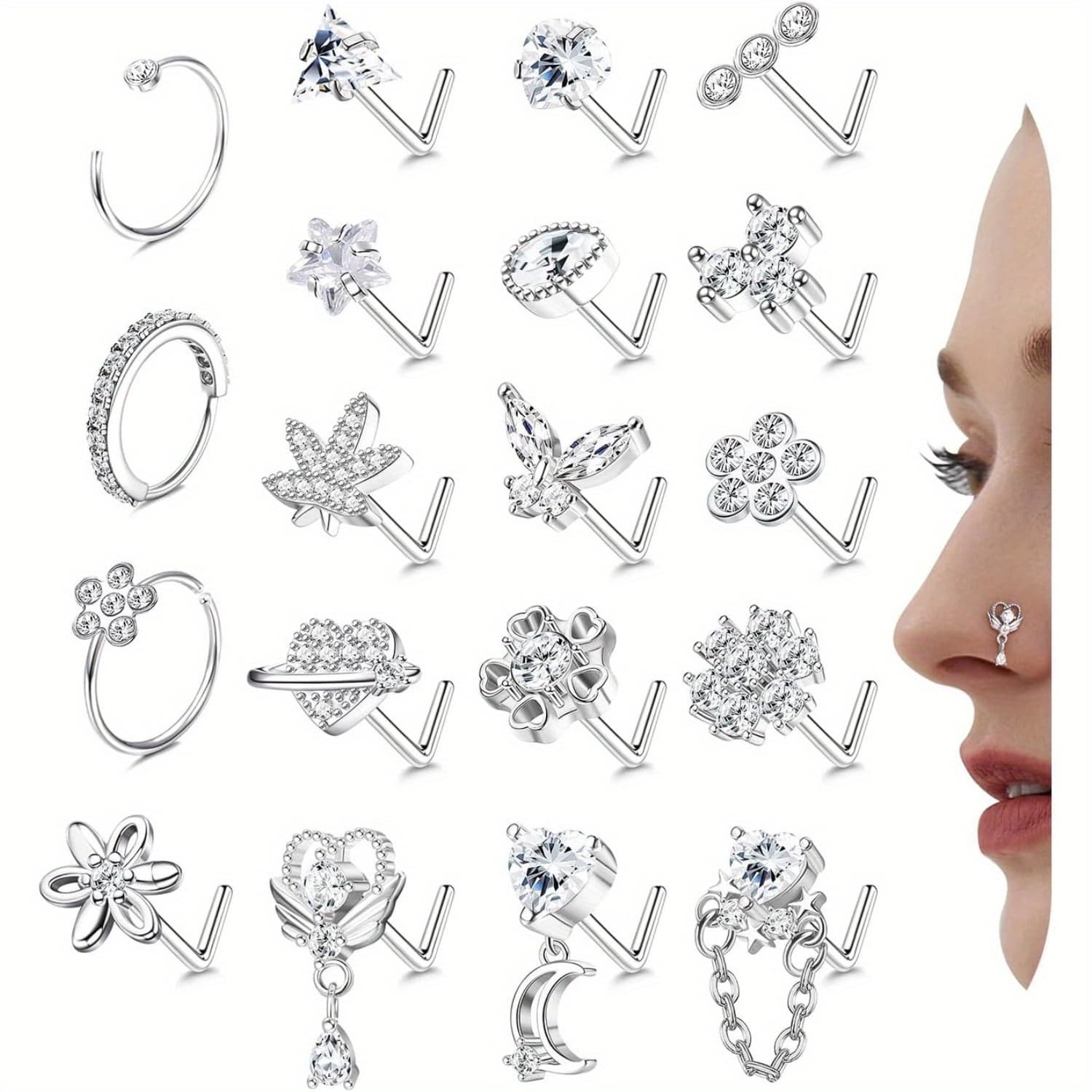 TEMU 19pcs Of L-shaped Nose Studs And Rings Made Of Stainless Steel, Featuring Dangle And Flower Designs, Suitable For Piercings. A Jewelry Gift For Women And Men, 20g