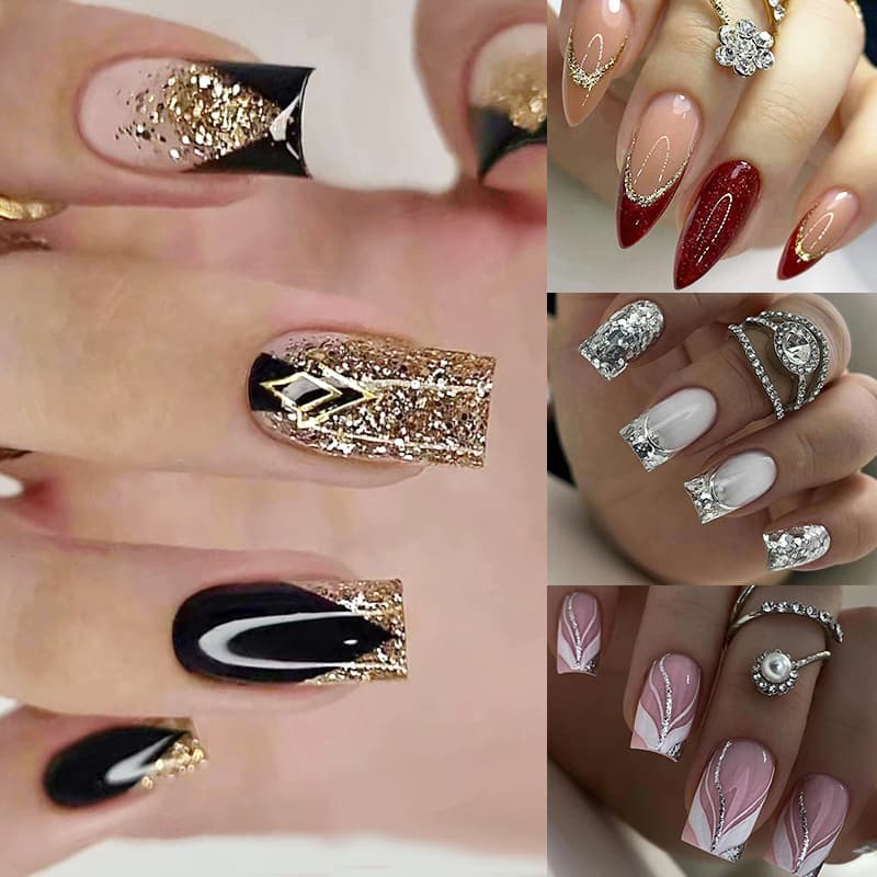 TEMU 90pcs(4pack) Medium Square Fake Nail With Silvery Shimmer Design, Artificial Acrylic Full Cover Fake Nail Suitable For Women' Wearing Of Wedding Dresses And Nail