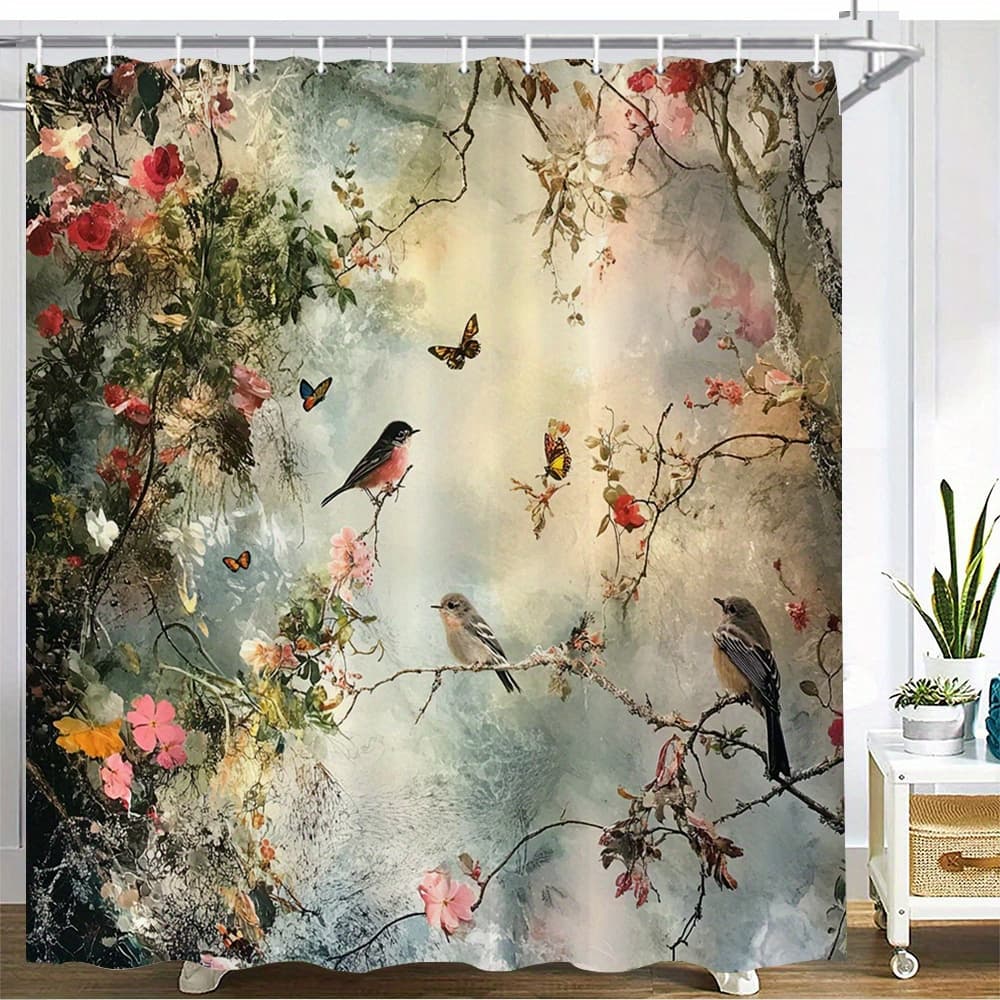 TEMU 1pc Floral Shower Curtain Bath Curtain Soft On Pastel Blue Yellow Background Ethereal Blooming Branch Design Bathroom Curtains Home Decoration Curtain