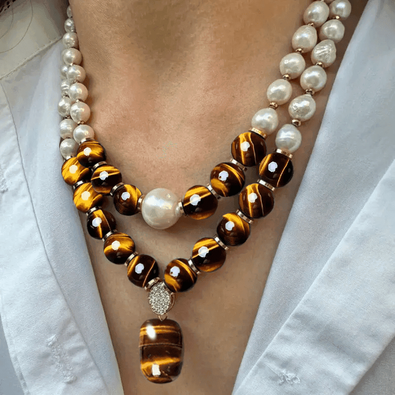 TEMU 2pcs Elegant And Fashionable Set Necklace, Natural Tiger Eye Stone With Freshwater Freshwater Pearls Pendant Necklace, Best Gift, Valentine's Day Gift, Suitable For Daily Life And Party