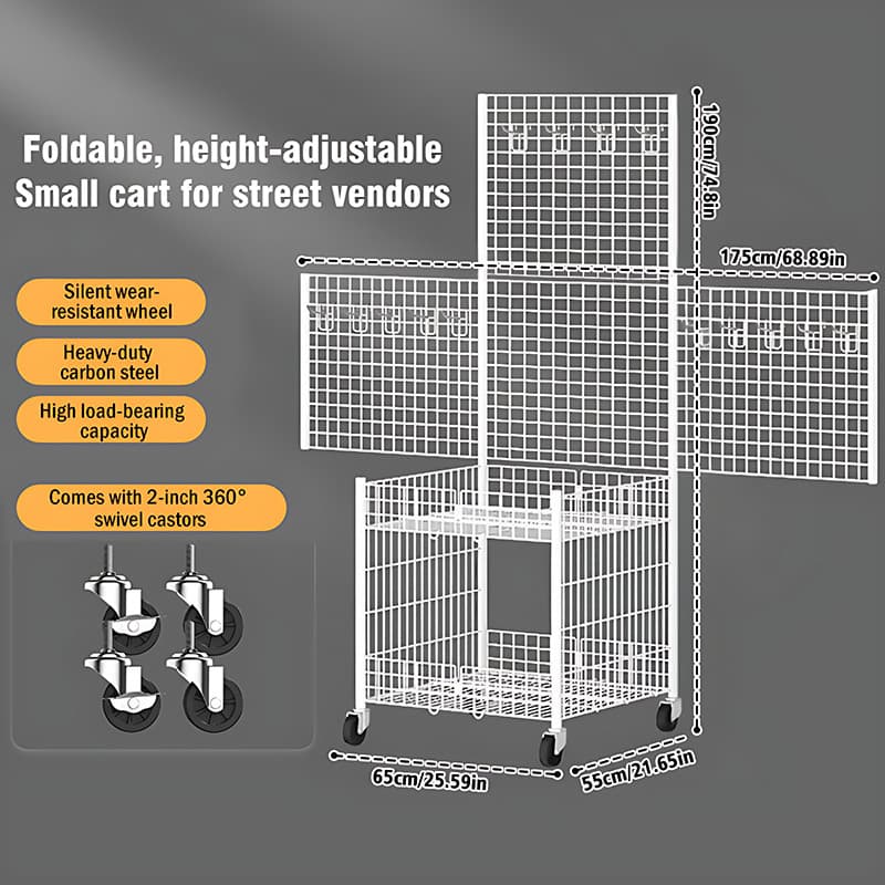TEMU 65cm Portable Foldable Large Capacity Thick Waterproof And Rust-proof Stall Trolley Foldable Commercial Stall Wheel Trolley Household Storage Trolley