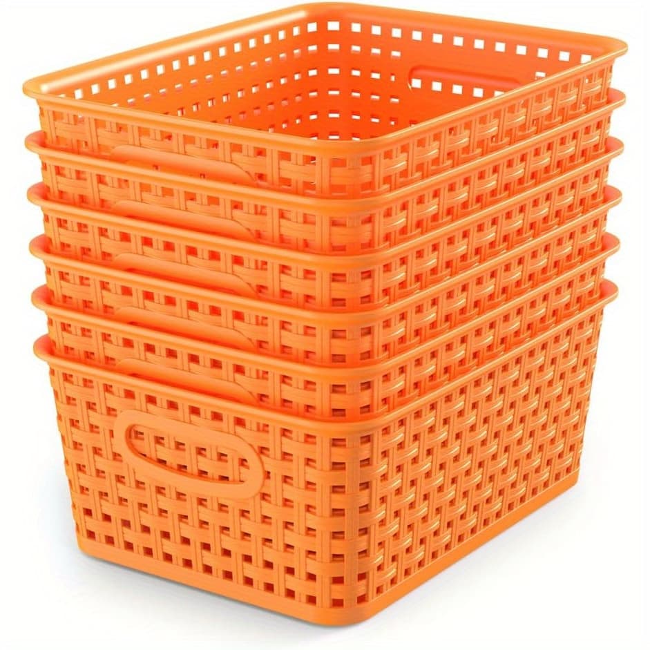 TEMU Set Of 6 Plastic Storage Bins In Orange, Measuring 10.1" X 7.55" X 4.1", Ideal For Organizing Your Home, Office, Desktop, Wardrobe, And Bathroom, Shelf Baskets