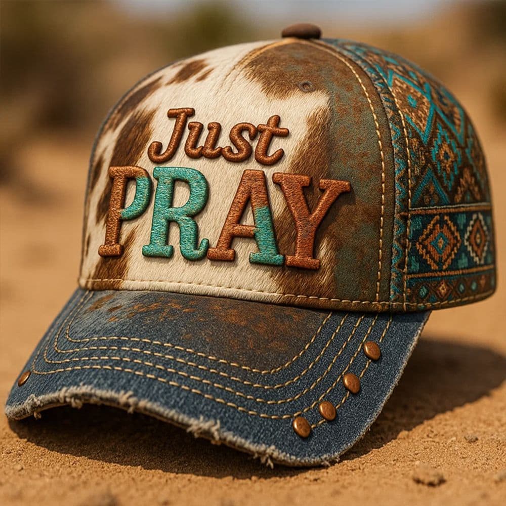TEMU Faith-themed Baseball With "" Embroidery & Distressed Denim Brim - Turquoise/brown Tribal Design Suitable For Church, Outdoor, Casual Wear - Machine Washable Pvc-coated Hat
