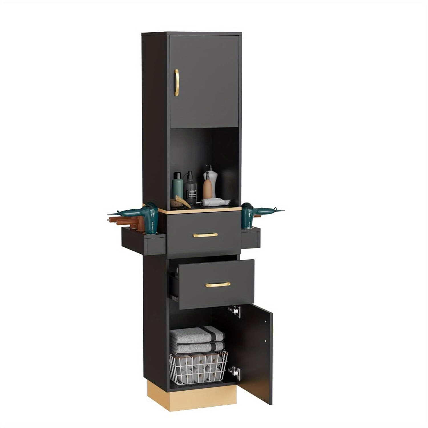 TEMU Salon Stations For Hair Stylist, Barber Station Hair , Spa Equipment With 2 Drawers, 2 Storage Cabinets, 6 Hair Dryer Holders For Hair Styling, Black Golden/white Golden