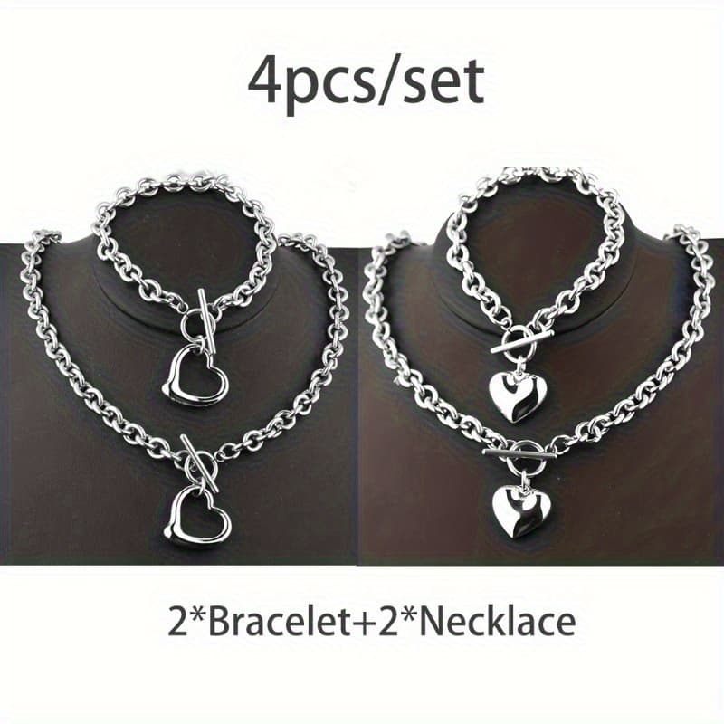 TEMU Set Of Hip-hop Necklaces And Bracelets Featuring Hollow And Solid Peach Heart Designs, Casual Outfits For Women