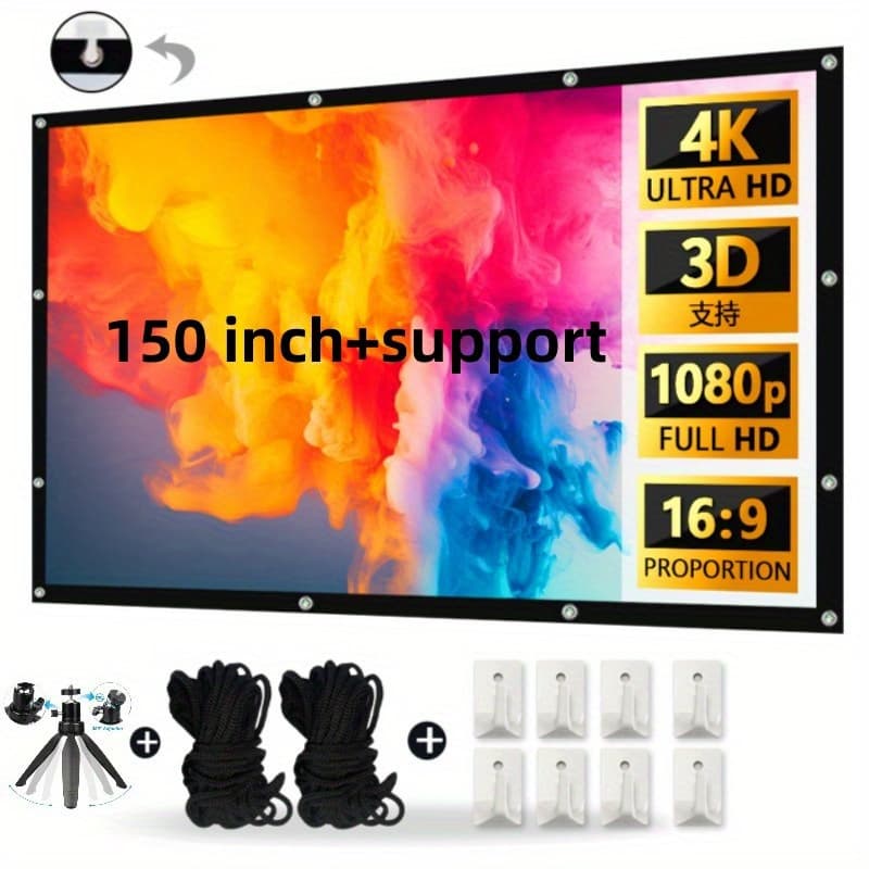 TEMU 60/ 72/ 84/ 100/ 120/ 150-inch Projector Screen And Adjustable Projector Stand Set - Essential For Home Theater, Suitable For Living Rooms, Bedrooms, And Outdoor