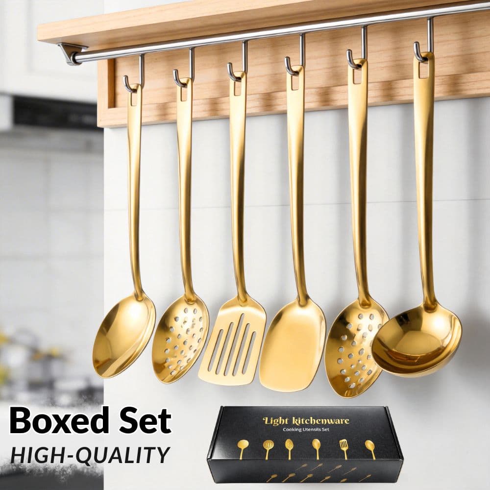 TEMU Tools & Utensils Set 6/12pcs Korean Style Utensils - Stainless Steel Golden-plated Spoons, Slotted Turner & Serving Tongs, Luxury Cookware Set For , Buffet, Holiday & Banquets