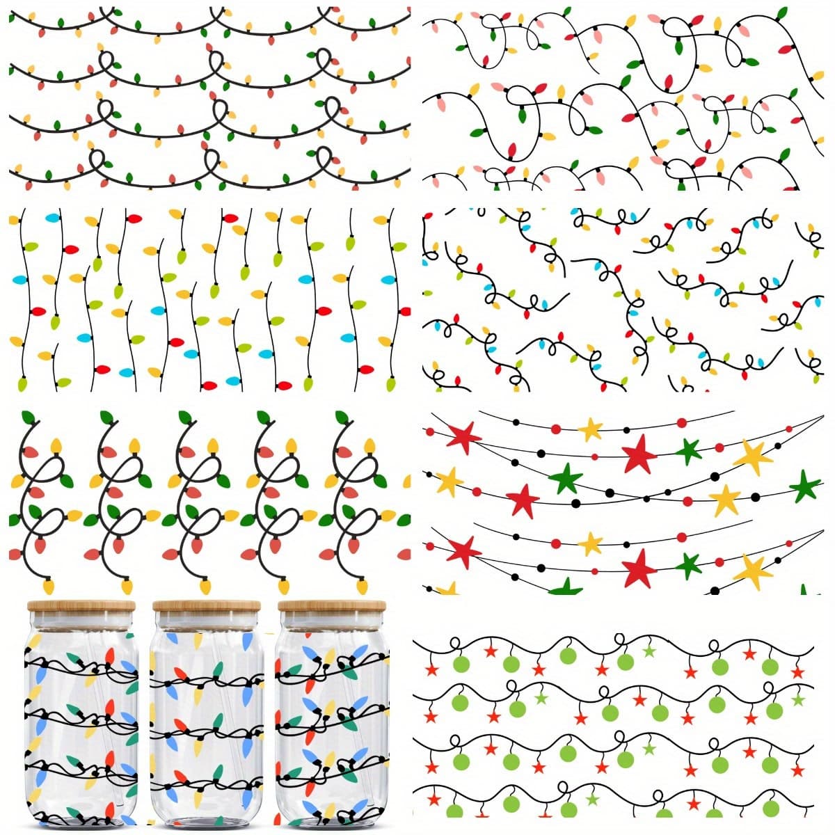TEMU 8pcs Christmas Light Strips Uv Dtf Transfer Decorative Paper - Waterproof And Scratch-resistant For Cup, 16-ounce Cups, Bottles, Laptops And Refrigerators Crafts And Transfer Paper