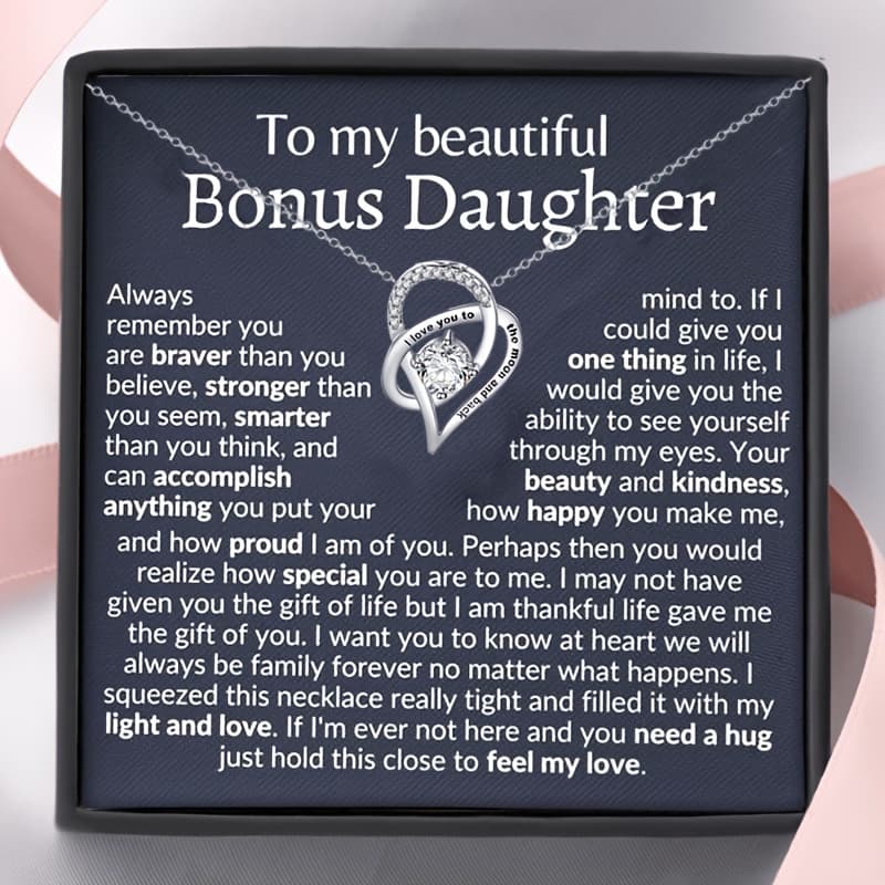 TEMU Elegant "to Daughter" Pendant Necklace - Cubic Zirconia & Copper, Silvery Bohemian Style With Gift Card & Box