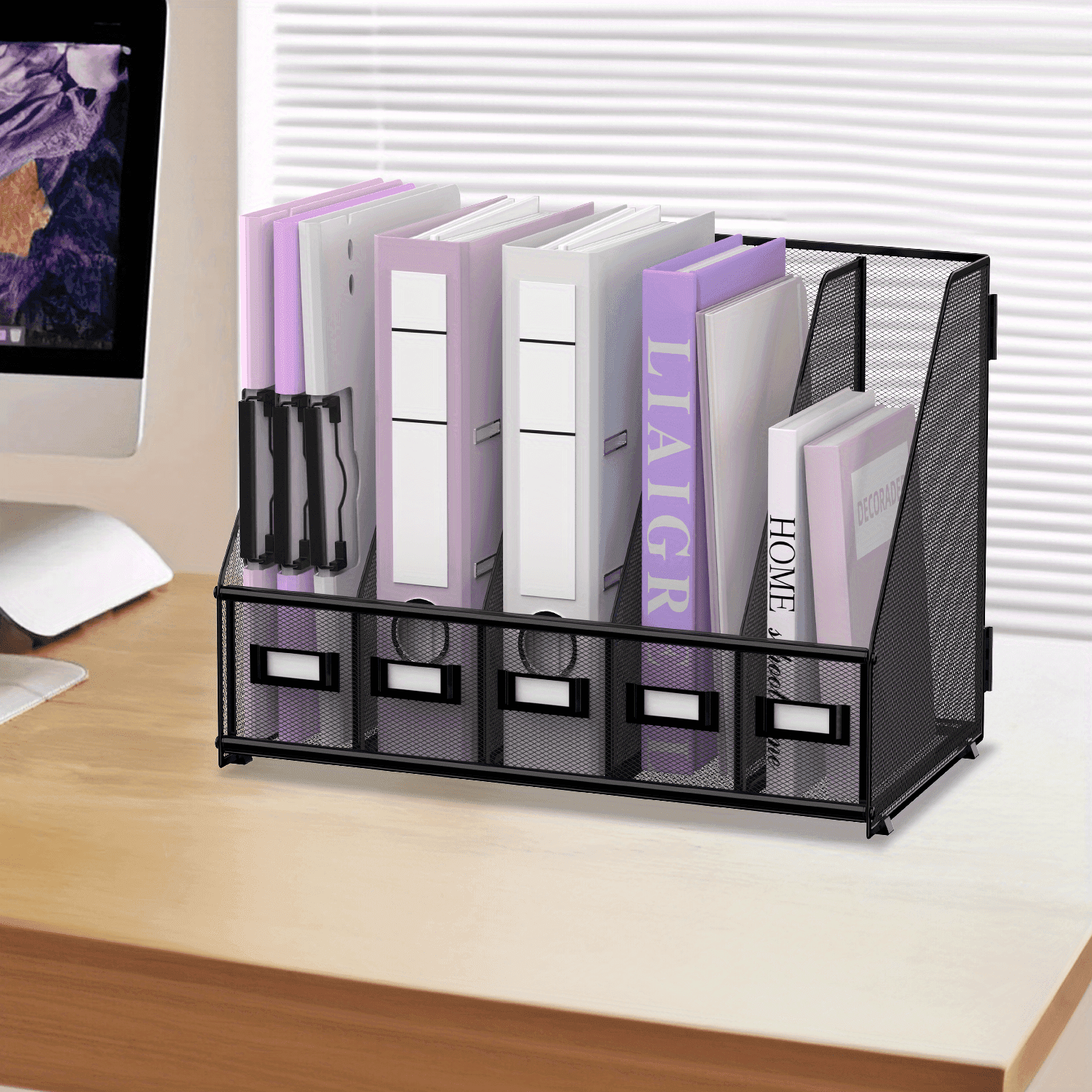 TEMU Daltack Heavy-duty Metal Desk Organizer With 5-vertical-compartment File Holder - & Desk Organ For Magazines, Reports, Documents - Sturdy Iron, Space-saving Vertical File Rack Organizer (5-slot)