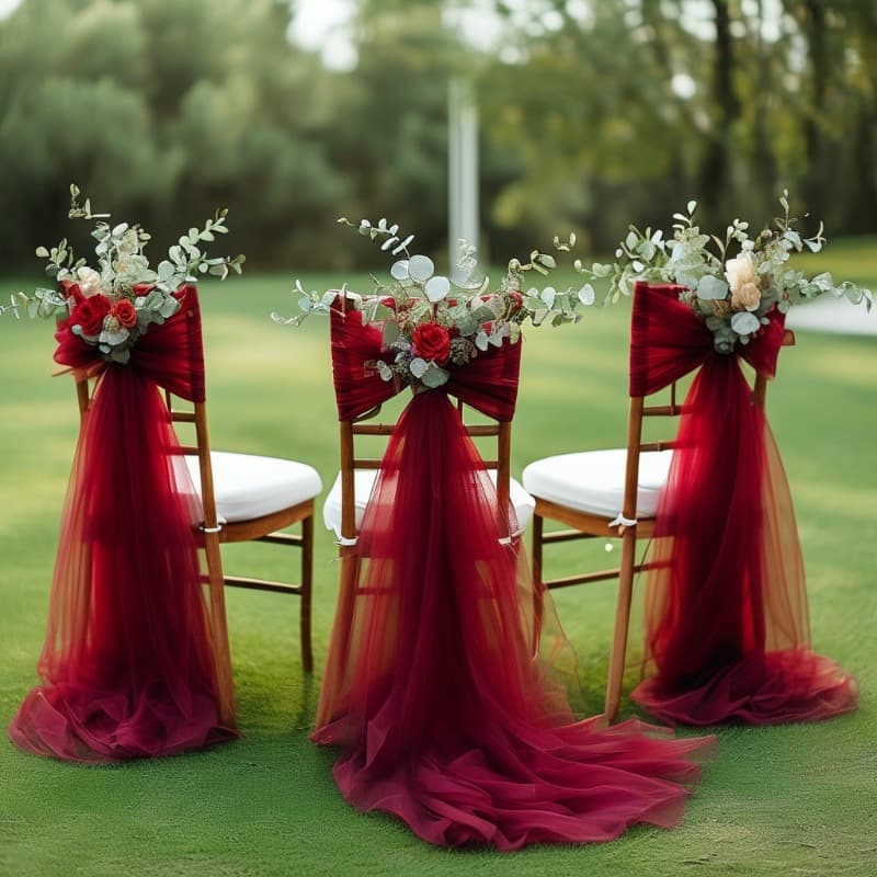 TEMU 6-pack, X 6.7ft Romantic Burgundy Semi-sheer Tulle Chair Decorations, Wrinkle-resistant Multi-functional Polyester Square Mesh Fabric, Suitable For Weddings, Birthday Parties, Seasonal Events