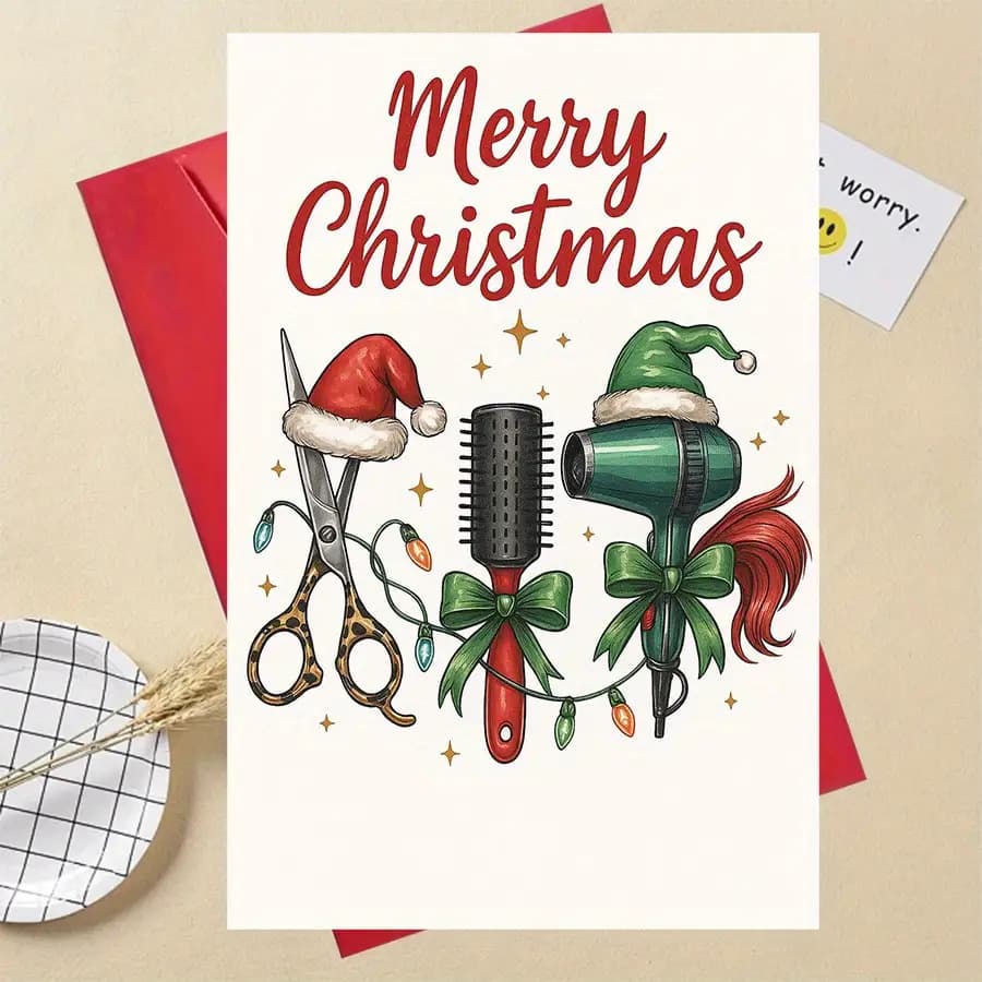 TEMU For Hair Salons Featuring Scissors, A Comb, And A Hair Dryer Design - A Greeting With Hair Tools And A Red Bow, Perfect For Honoring Hairdressers And Salon Owners