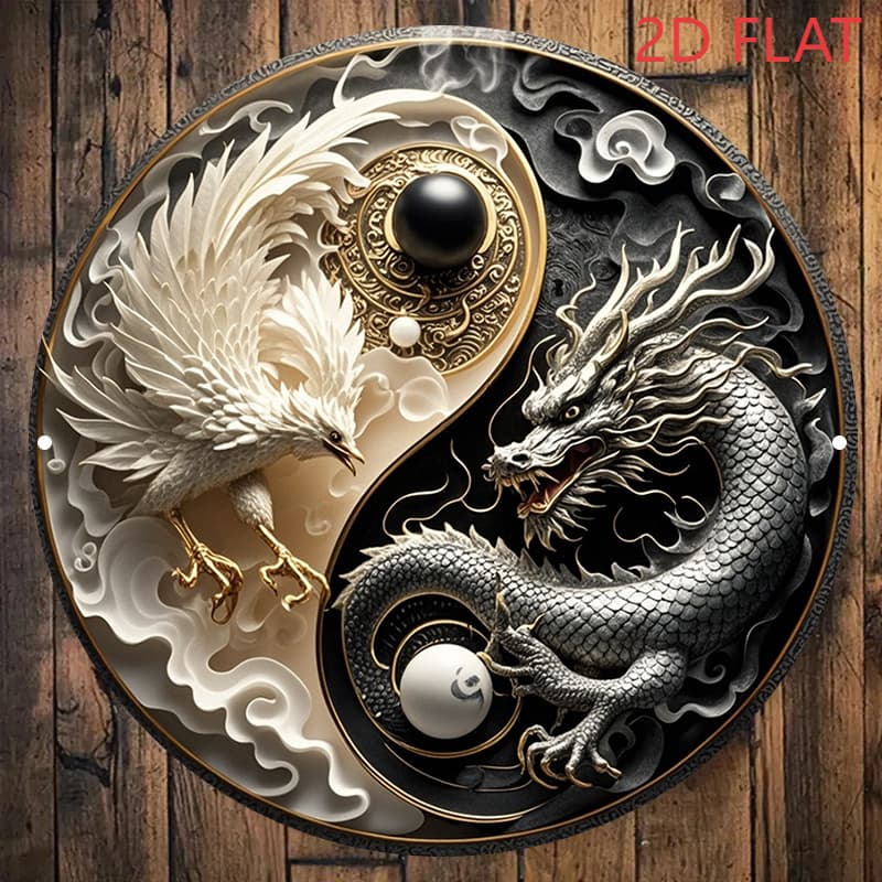 TEMU 2d Flat - 1pc 2d Flat Wall Decor | Traditional Chinese Dragon And Phoenix Sign, 8-inch Round Aluminum Decoration For Home, Office, Bar - And Balance, Good Luck Gift For Christmas And Housewarming