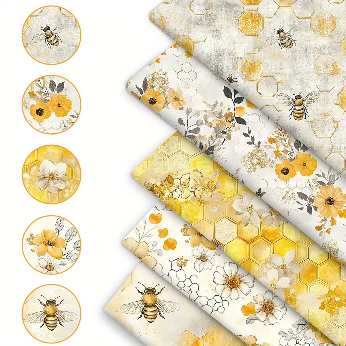 TEMU 5pcs 19.7 X 18 Inches (50 X ) Elegant Bee Charm Yellow- Print, Style Bee Hexagon Pattern 100% Polyester Fabric, Suitable For Craft Projects, Wallet Making, Handmade Sewing Materials