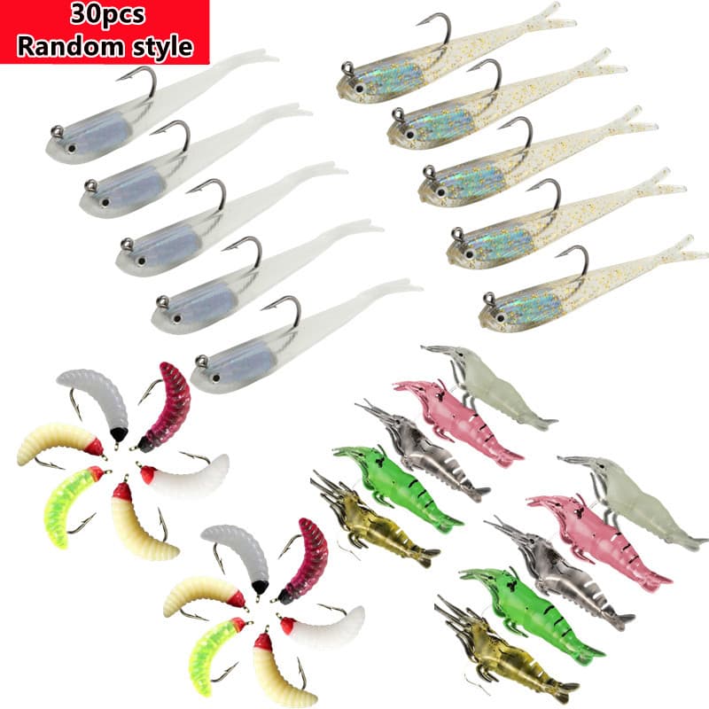 TEMU 30pcs, Random Style, Soft Fishing Bait With Hook, Soft Simulated Bait, Mixed Bionic Bait, Suitable For Saltwater And Freshwater Fishing.