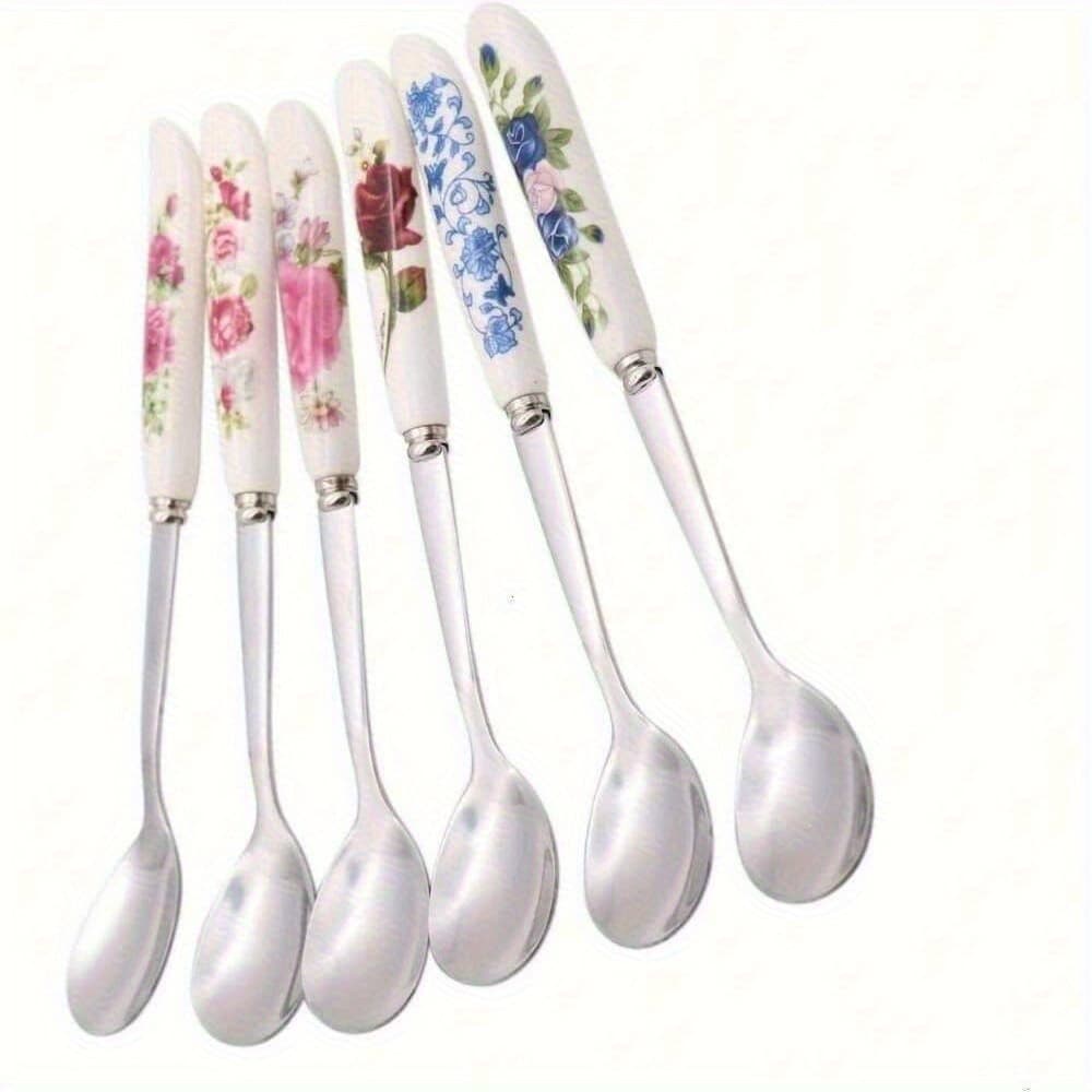 TEMU Set Of 6 Stainless Steel Coffee Spoons Featuring Ceramic Handles, Ideal For Stirring, Sweetening, And Serving Soups - Perfect For Kitchen And Dining Use