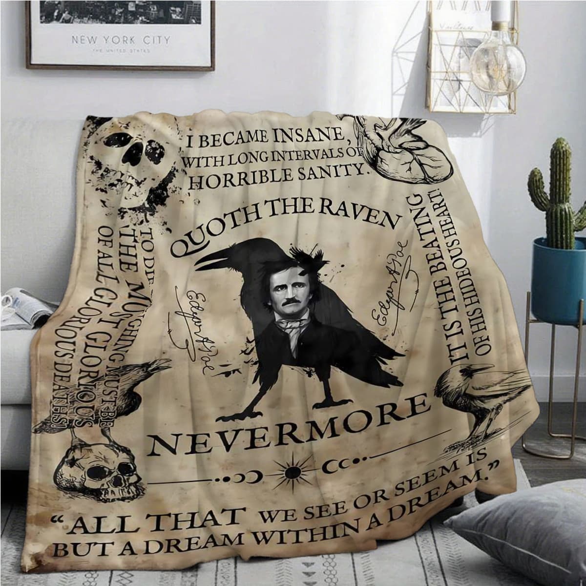 TEMU 1pc Edgar Poe Gothic Literature Throw Blanket - 280gsm Plush & Design With "the -tale Heart" & " Of " Quotes - Soft Bedspread For Couch, Bed, Camping - Unique Gift For Book Lovers