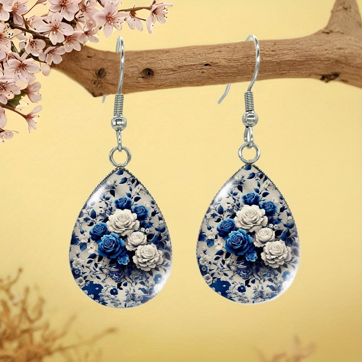 TEMU Blue And White Flowers Illustration Drop Earrings Glass Jewelry Gift