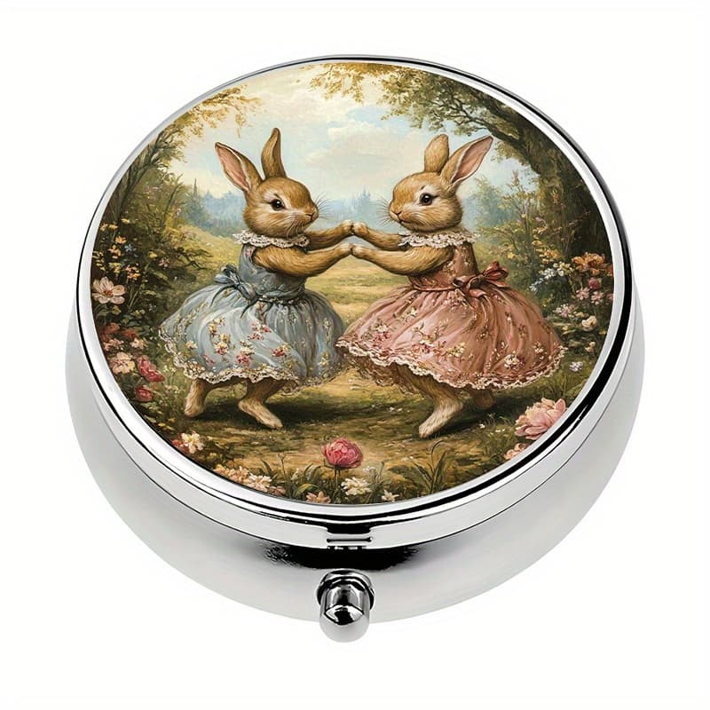 TEMU 1pc Pill Box With 3 Compartments Cute Rabbit Dancing In Garden Theme Mini Pill Container, Pill Organizer, Unique Gift For Travel And Storing Vitamins