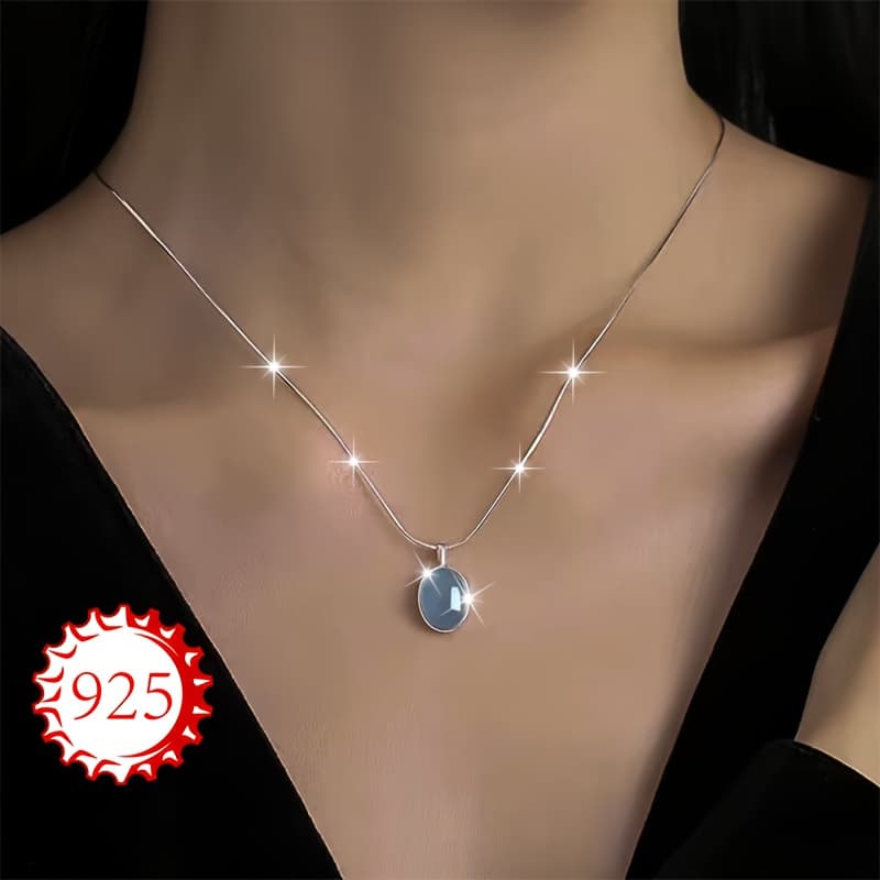 TEMU A Single Piece Necklace Made Of 925 Sterling Silver Hypoallergenic, Featuring Aquamarine And . It Has A With Oval Pendant, Perfect As A Gift For Couples Or , Suitable For Daily Wear, Weddings