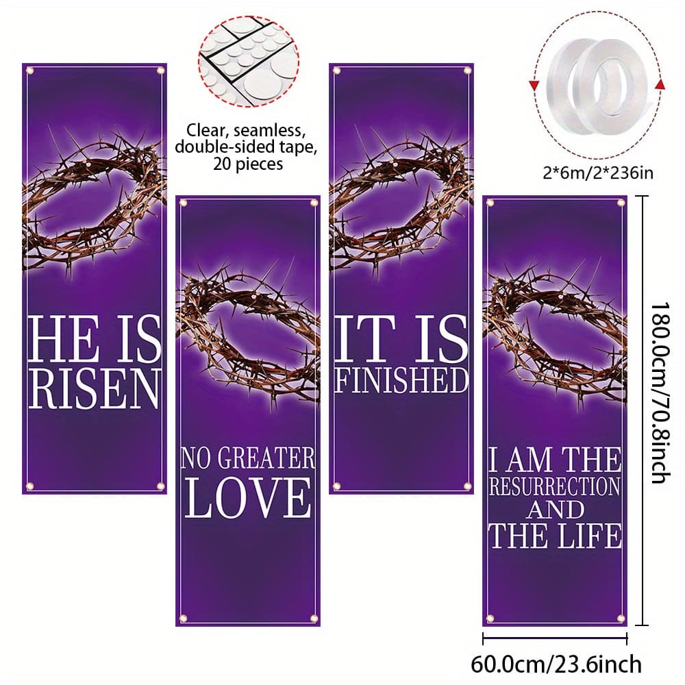 TEMU 2d Flat, 2d Flat - 2d Flat, 2d Flat - 2d Flat Banners, 4pcs Of Easter Church Banners, Made Of Polyester, Featuring Scripture, Purple Easter Party Banners For Worship Wall Decor, Bible Verses