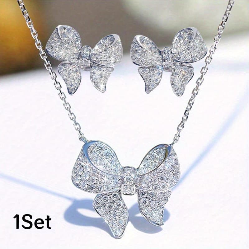 TEMU 3pcs Elegant Fashionable Bow Stud Earrings Necklace Set Luxury Valentine's Day Anniversary Birthday Party Gift Jewelry Set