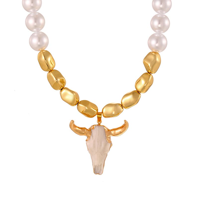 TEMU 1pr Western Denim Necklace For Women - Exaggerated Artificial Pearl Irregular Beaded Horn Jewelry Gift, Western Style Festival Statement Single Item, Suitable For All , Punk Hip Hop Additions