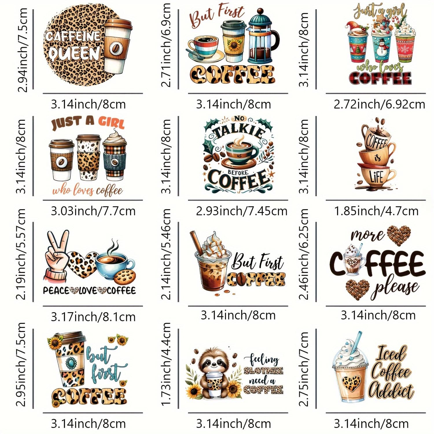TEMU 12pcs Coffee Themed Heat Transfer Stickers, Diy Iron-on Decals, T-shirt Making, Pillow Decoration, Clothing Supplies And Decals