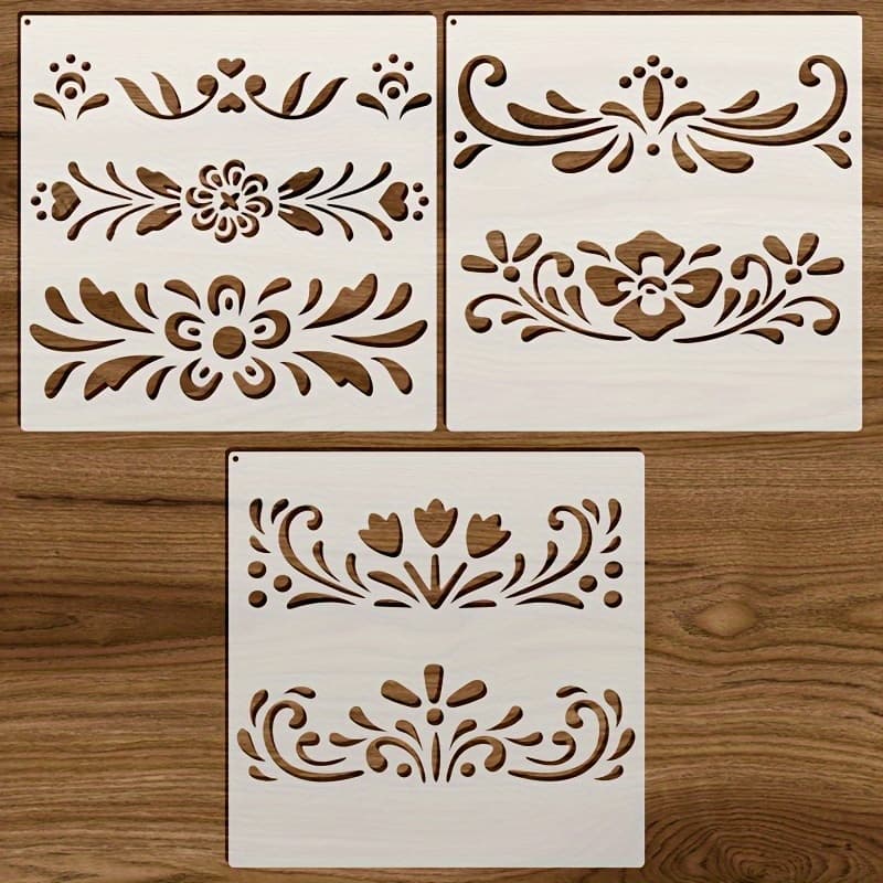 TEMU Set Of 3 Large Floral Furniture Decoration Painting Stencils, 8 Inches -- Reusable Off-white Pet Material Stencils For Wall Murals And Furniture Decoration