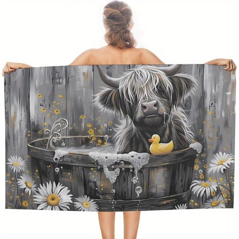 TEMU 1pc 27.5×55inch Highland Cow In Bathtub Rubber Duck Beach Towel Absorbent Quick Dry Beach Blanket For Travel, Pool, And Bath
