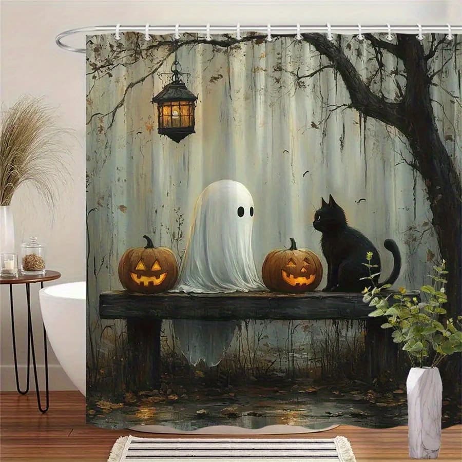 TEMU 1pc Halloween And Cat Bathroom Shower Curtain, Spooky With Carved Pumpkins And Vintage Lantern, Rustic Bench And , Eerie And Cozy Atmosphere, Ideal Moving Gift, 70.86x70.86in, 12 Hooks