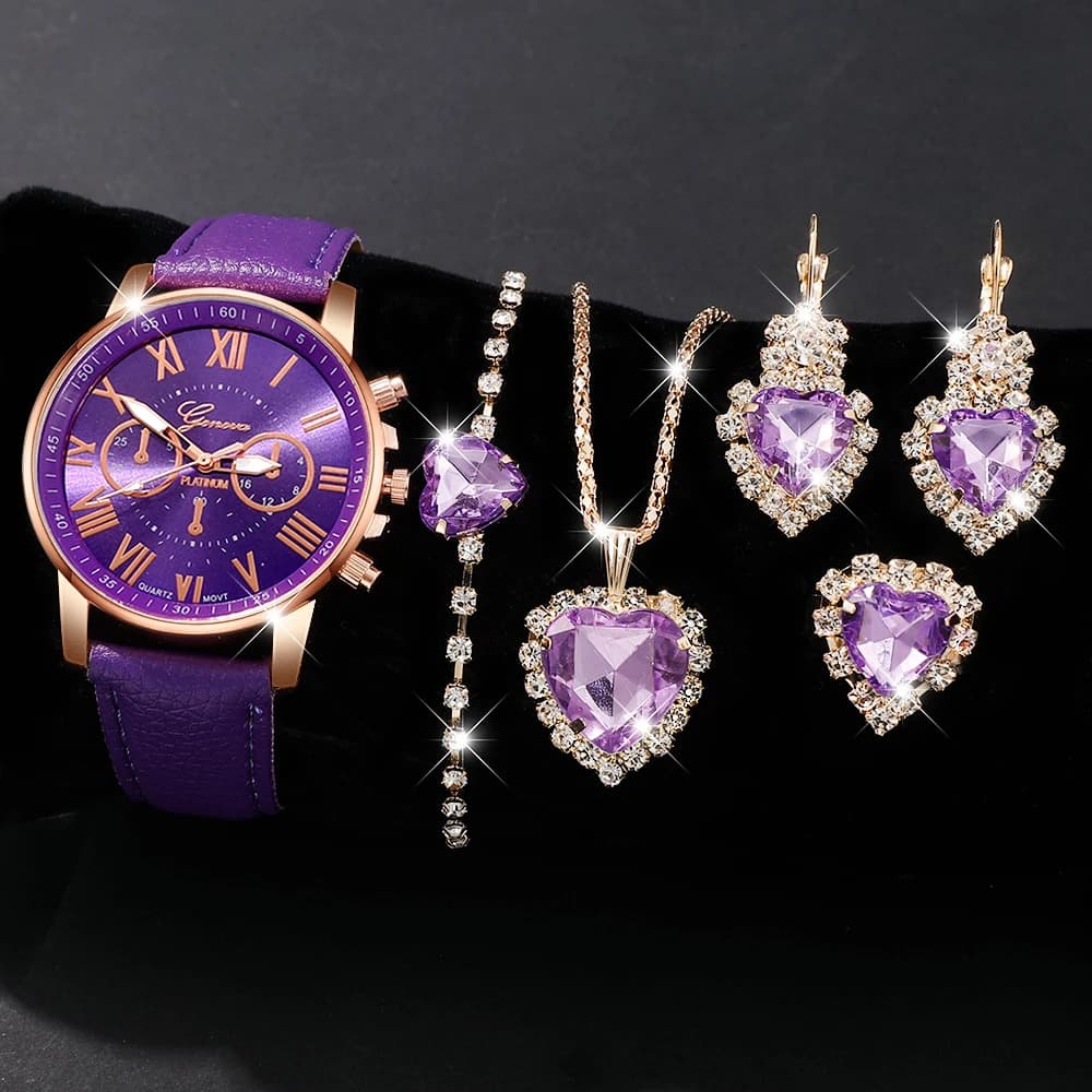 TEMU A Stylish Set For Women Featuring A Quartz Watch Along With Matching Jewelry Including A Ring, Bracelet, Necklace, And Earrings, Making It An Ideal Present For Birthdays, Valentine's Day, Or