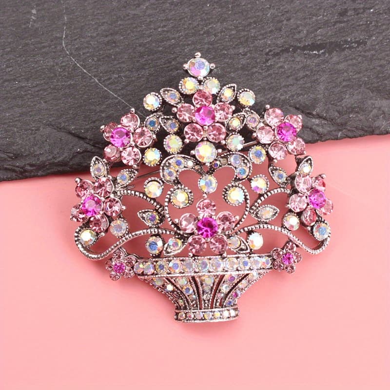TEMU A Brooch In Of A Flower Basket Featuring A Design, With Rose Golden And Sparkling , Embodying Of Dopamine