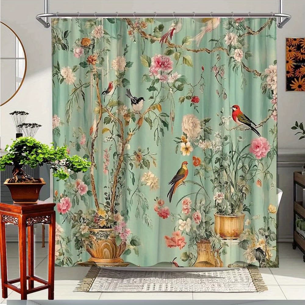 TEMU 1pc Vintage Floral And Bird Shower Curtain Bathroom Decor Polyester Fabric With 12 Hooks 70.8x70.8 Inches