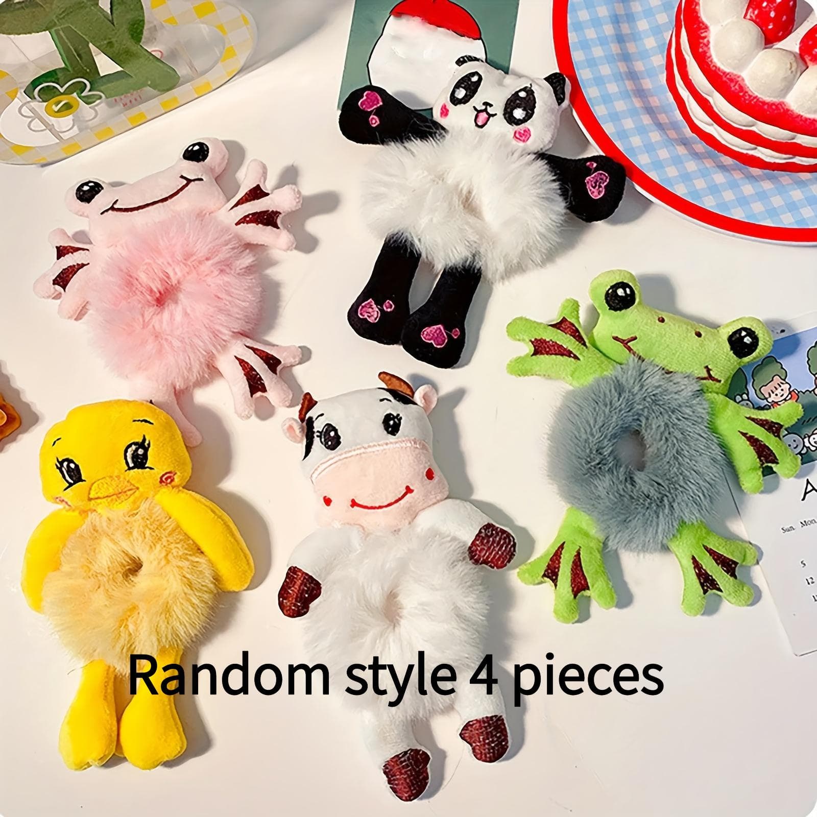 TEMU 4pcs/set Cute Stuffed Animal Elastic Hair Bands Frog Panda Cat Hair Rope Ladies Hair Clips Headwear Ladies Hair Accessories Gift.random Patterns