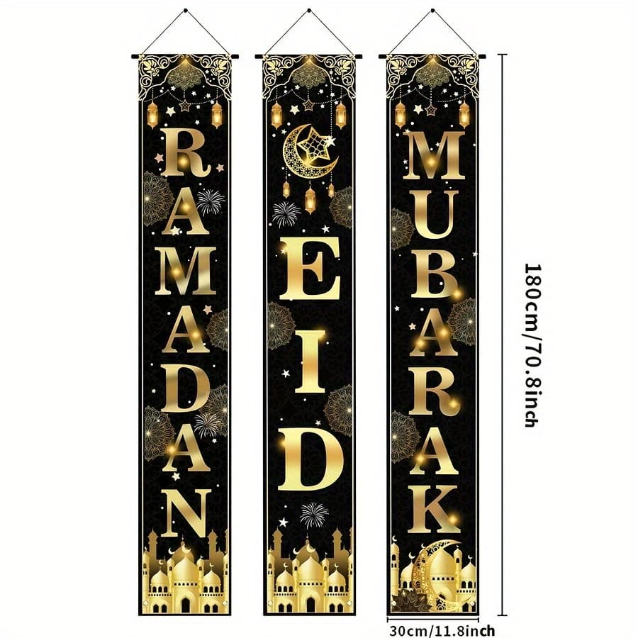 TEMU Happy Eid 3pcs Door Flag Set- Ramadan And Eid Celebration Decoration, Polyester Fiber, Indoor And Outdoor Use