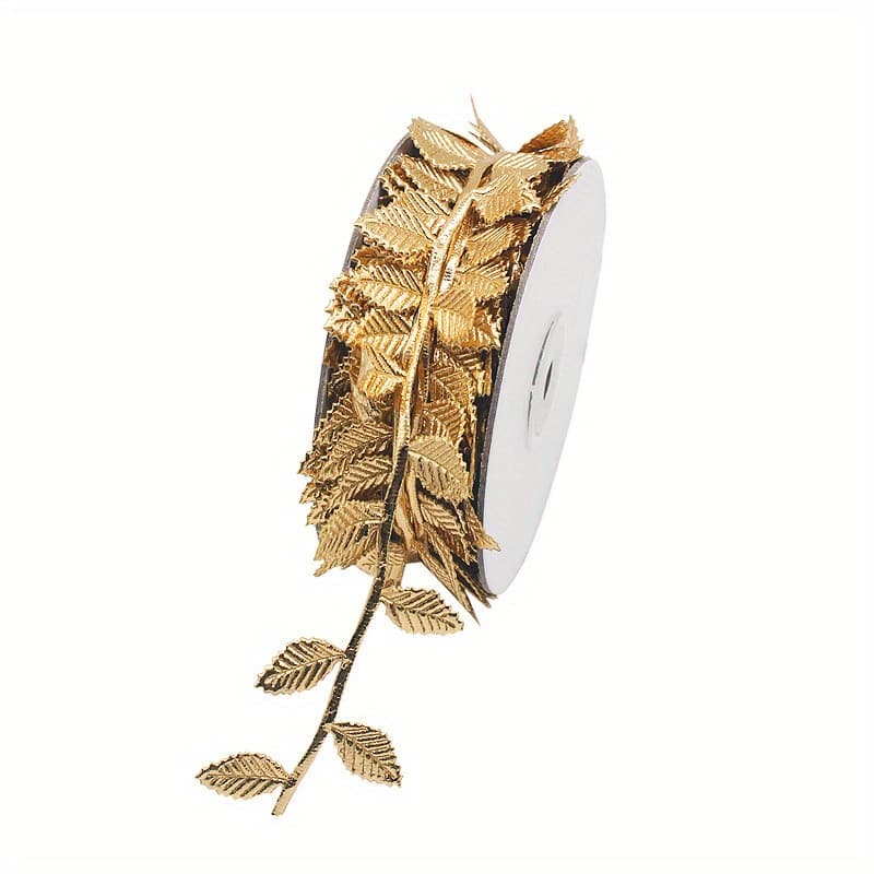 TEMU 10yard Artificial Leaf Ribbon Golden Fabric Leaf Ribbon Trim For Wreath Garland Making, Home Decoration, Gift Wrapping And Crafts Accessory