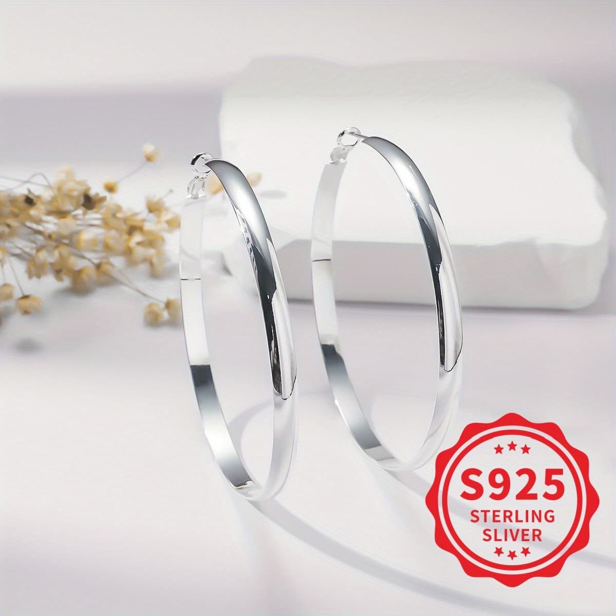 TEMU 1 Pair 925 Sterling Silver Hoop Earrings, Elegant , Fashion Large Solid Color Round Earrings, Geometric Personalized Jewelry Additions, Gifts For Women
