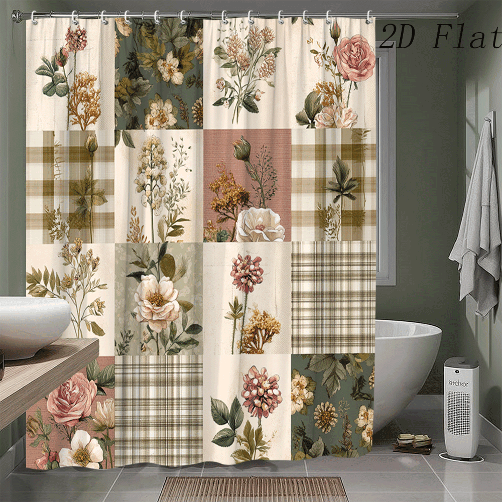 TEMU 1pc 1pcs Vintage Botanical Floral Shower Curtain - Bathtub Divider, Bath Curtain With 12 Hooks, Washable & Air Dry Suitable For Elegant Aesthetic, 2d Flat