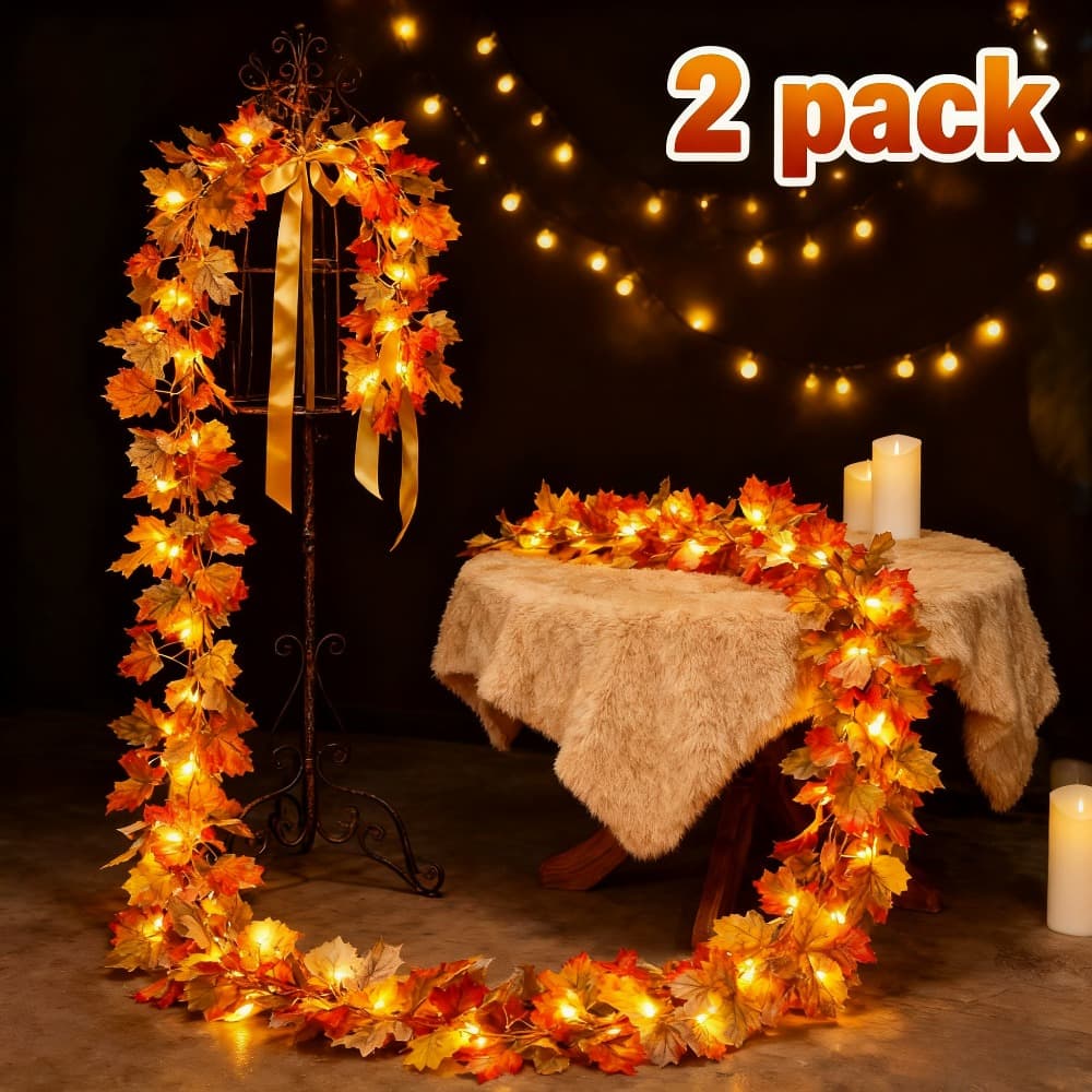 TEMU 2-pack 19.68ft Autumn Maple Leaf Wreaths, With 40 Warm Soft Lights For Cozy Fall Vibes. Suitable For Indoor & Decor, Packaged In A Box For And Gifting – Ideal Seasonal Decorative Pieces