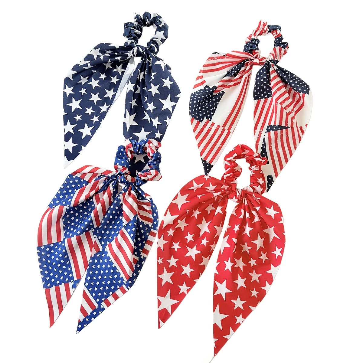 TEMU 2026 U.s. Day Scrunchie — Bow Hair Tie With Long Streamers | Patriotic Stars & Stripes Ponytail Holder | July 4th Party Hair Accessory | Random Pattern