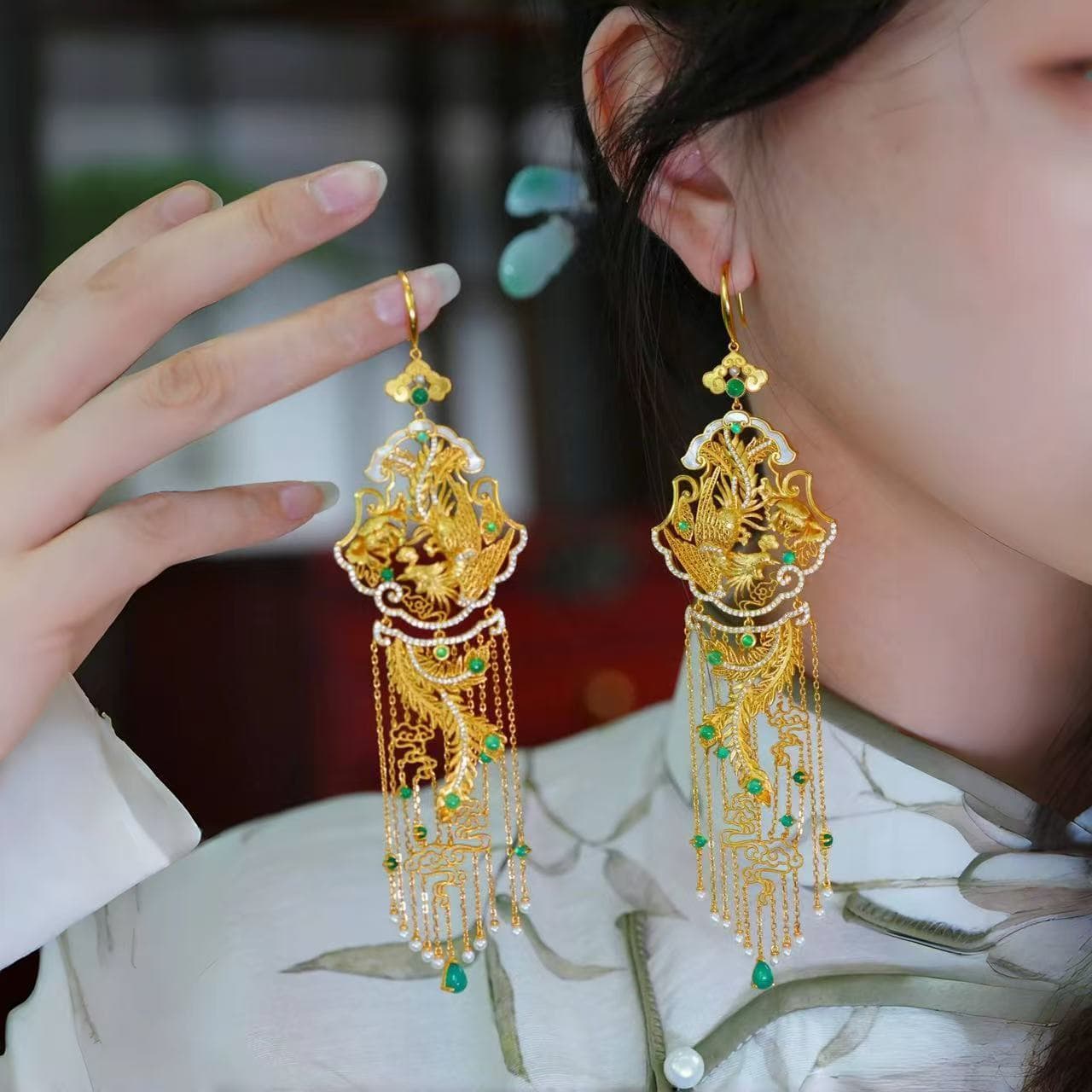 TEMU Phoenix Tassel Earrings That Showcase Trendy New Chinese Aesthetics, Featuring Elegant Peony-shaped Designs. Women's Heavy Long Bead Drop Earrings, Retro Clip Earrings