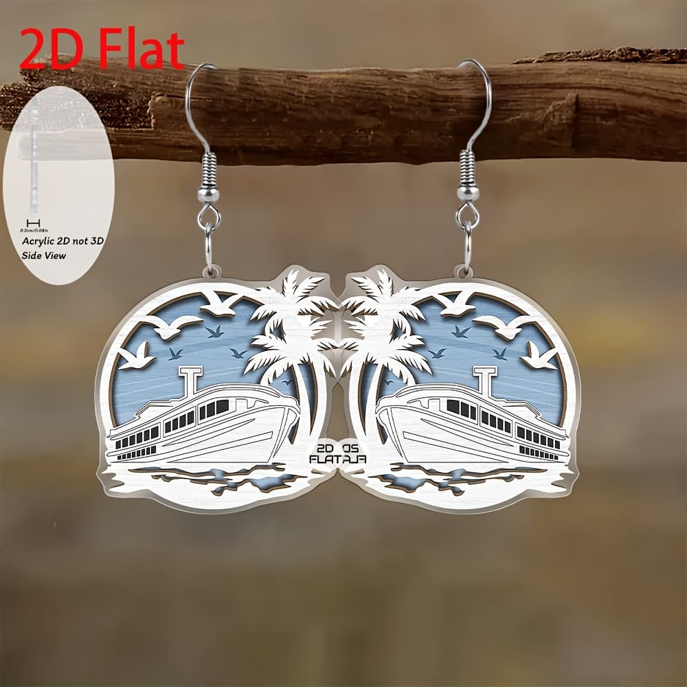 TEMU 2d Flat, 2d Flat - A Pair Of Acrylic 2d Flat Fashion-designed Earrings Featuring A Ship, , Coconut Tree, And "merry Christmas" Pendant. Fashion Jewelry, Party Gift, Holiday Present For , 2d Flat