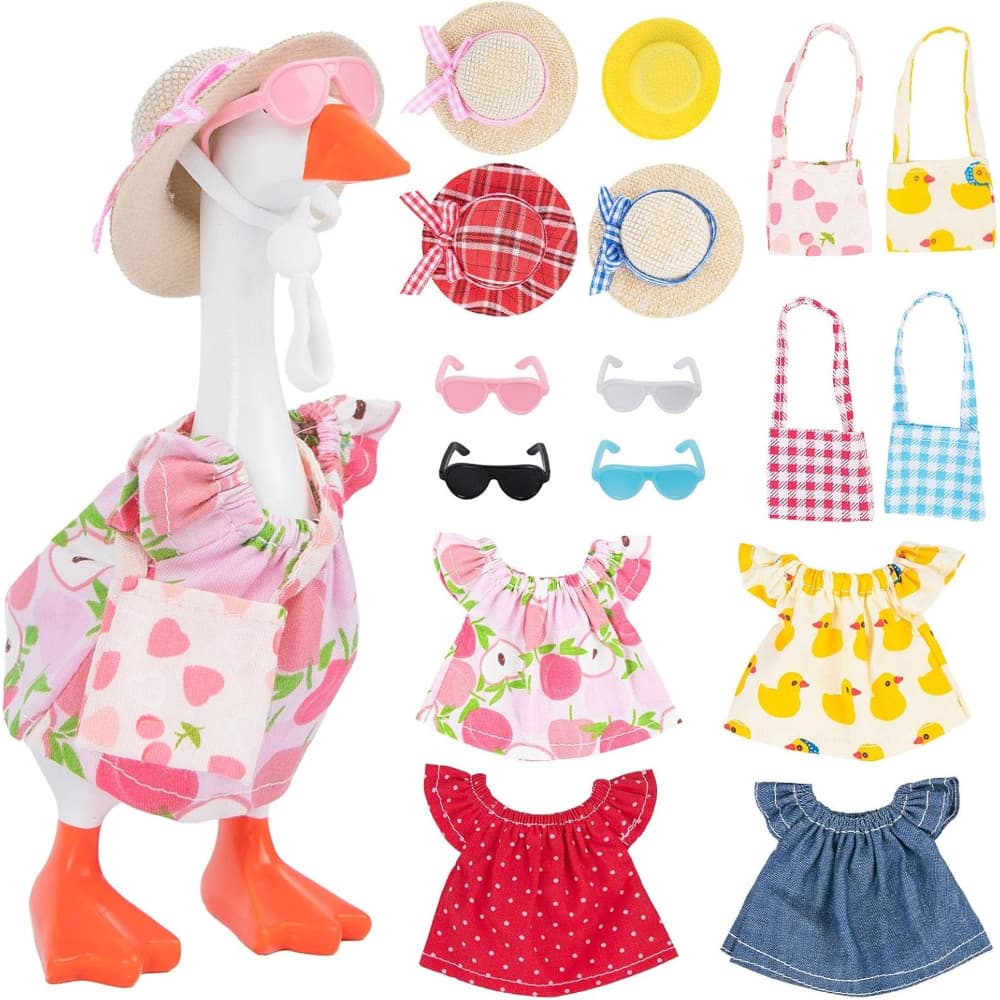 TEMU 16pcs 7-inch Office Desk Goose Summer Clothes, Dome Felt Hat And Cool Sunglasses And Mini Bag And Cute T-shirt, Fun Summer Clothing Set (excluding Goose), Party Photography Props