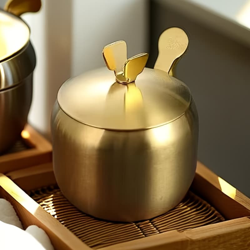 TEMU 1pc Golden Stainless Steel Sugar Bowl Storage Tank - Multipurpose Seasoning Jar For Salt, Pepper & Monosodium - Kitchen Organizer With Lid, Give A Spoon