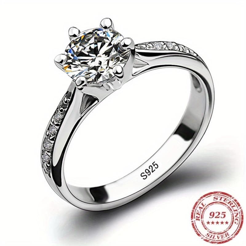 TEMU 925 Sterling Silvery Classic Women's Ring 6 Claw Jewelry Simple Synthetic Zirconia Ring Women's Ring