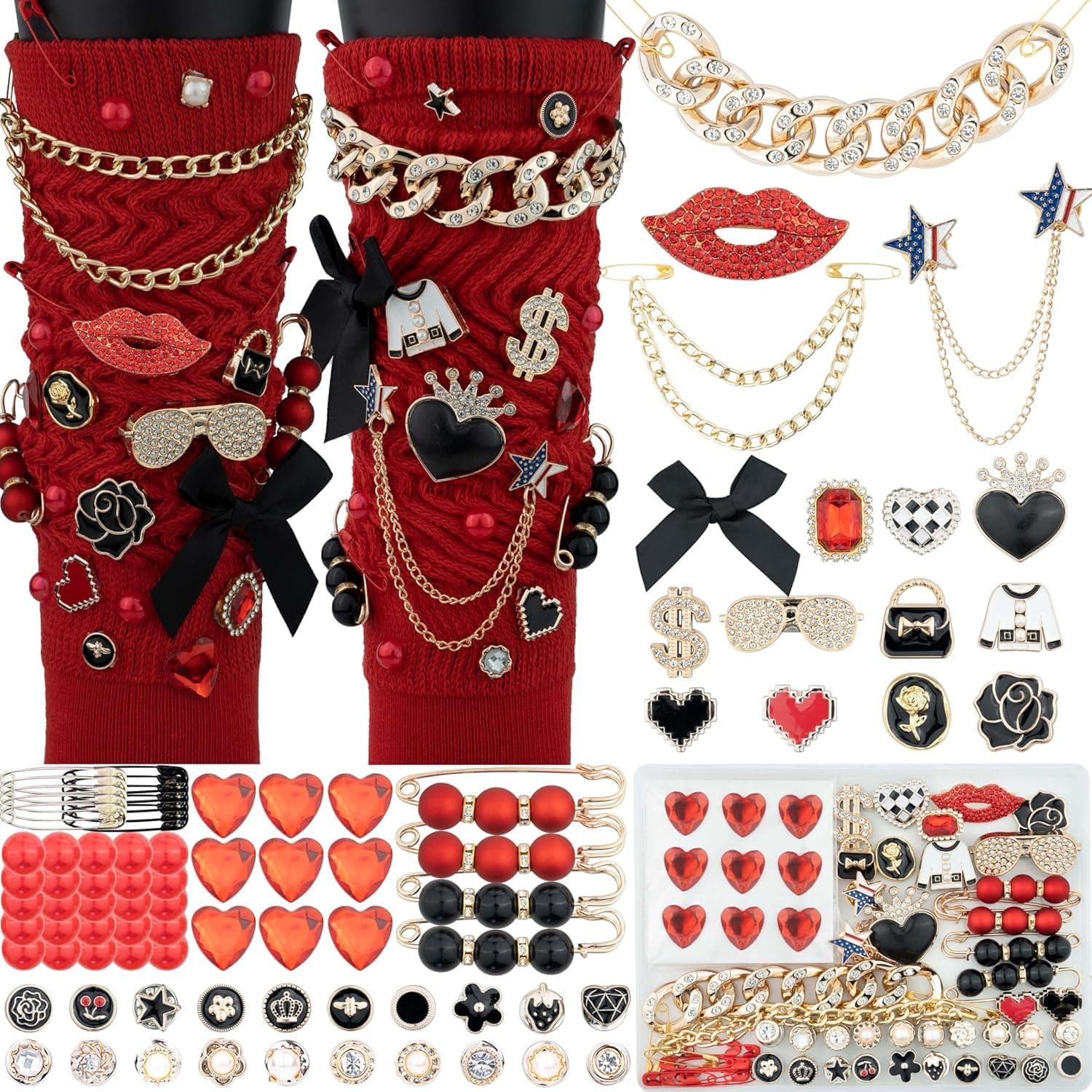 TEMU 87pcs Junk Socks Charms Kit, Black And Red Charms For Socks, Brooches And Pins For Women, Shoecharms With Bows, Sneakers Diy Kit With Rhinestones Chains
