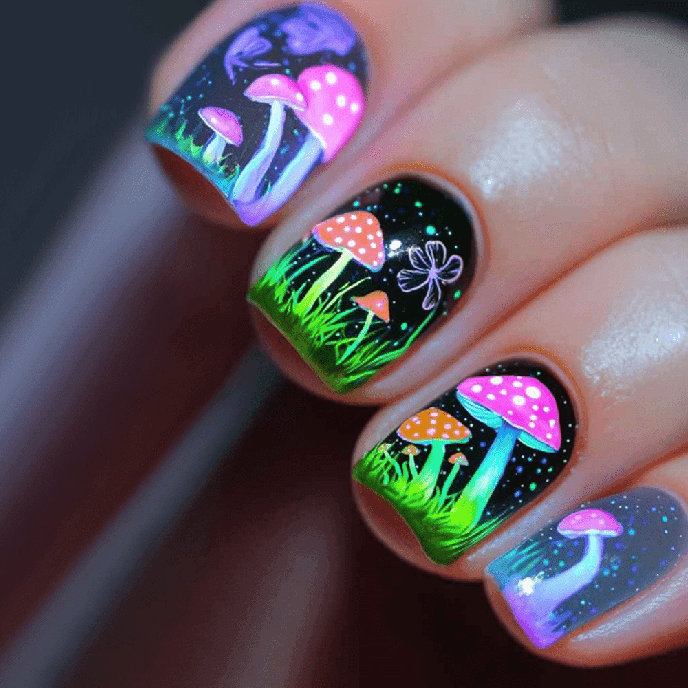 TEMU 48pcs Fantasy Fluorescent Mushroom Fake Nails - Detachable With Dark Base & Fluorescent Mushroom/grass/ Detail & Luminous Effect, Suitable For Women's Magical Patterns, Nail Art